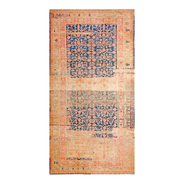 1920s Navy Rustic Pomegranate Antique Central Asian Khotan Carpet 7'4" X 14'4" Knotted Wool Rug For Sale