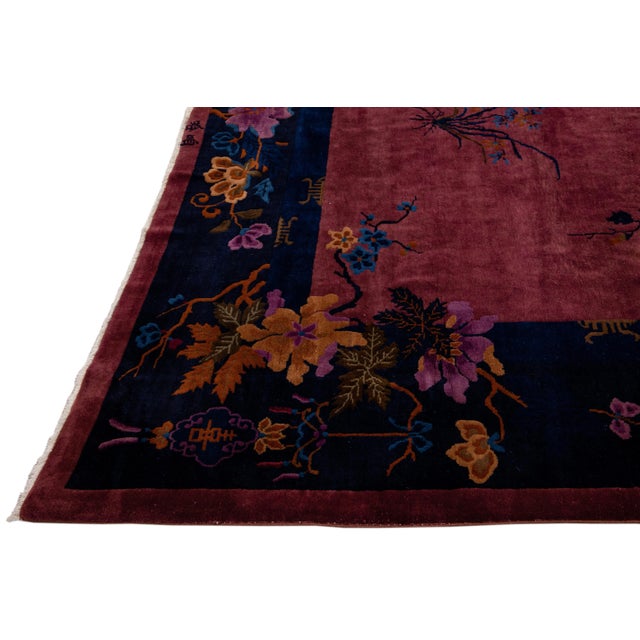 Burgundy Antique Art Deco Handmade Chinese Floral Motif Wool Rug For Sale - Image 4 of 10
