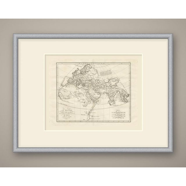 An original copper engraved map, uncolored, of the world as the ancients knew it, drawn on a curved graticule. Europe, the...