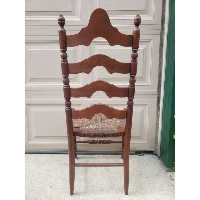 Ladder Back / ladderback Dining Chair with Rush Woven Seat 42.5" tall - Shaker Style Turned Wood Color is a dark brown...