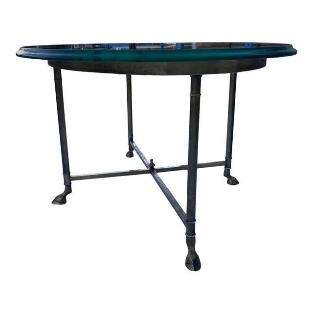 Manner of Jansen hoofed feet brass and glass end table in faux bamboo, manufactured in Italy for Mastercraft, like nearly...