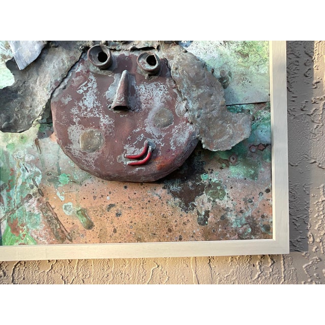 Funky Mixed-Media Copper & Brass 3d Relief Face Sculpture – Framed Wall Art For Sale - Image 12 of 14