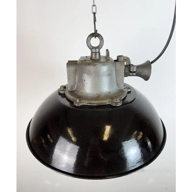 Black Industrial Black Enamel and Cast Iron Cage Pendant Light from Elektrosvit, 1960s For Sale - Image 8 of 18