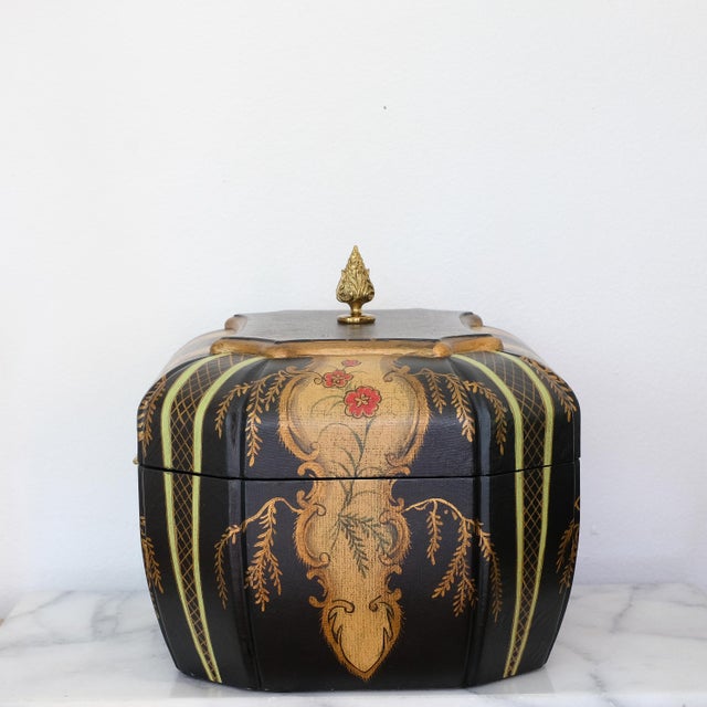 Large beautiful hand-painted Maitland Smith Box, topped with a brass finial. In excellent condition. Please note, there is...