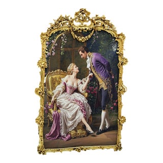 A Courtship in Bloom – Romantic French Rococo Painting With Ornate Gold Leaf Frame & Elegant Couple For Sale