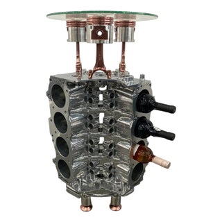 Rose Gold V8 Engine Corner Bar Table with Wine Rack For Sale