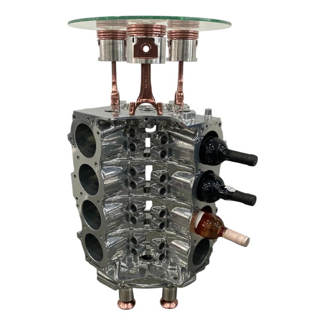 Rose Gold V8 Engine Corner Bar Table with Wine Rack For Sale
