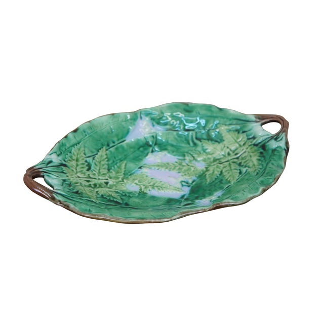 Late 19th to early 20th century majolica porcelain platter - oval in shape with a design of ferns and other leaves with...