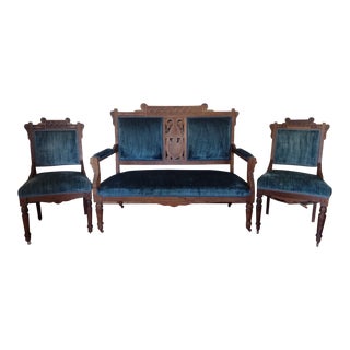 Late 19th Century Antique Carved Oak Victorian Eastlake Aesthetic Settee Loveseat Sofa & Pair of Parlor Chairs Upholstered in Blue Velvet For Sale