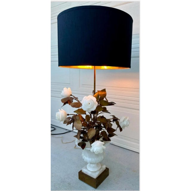 1950s 1950s Hollywood Regency Italian Alabaster & Gilt Gold Tole Floral Tall Table Lamp For Sale - Image 5 of 12