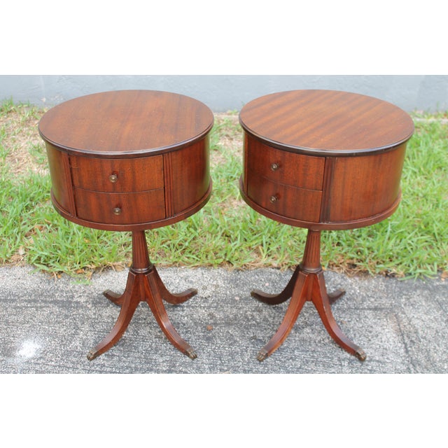 1940's Flame Mahogany Round Drum Tables a Pair Chairish