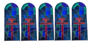 Vintage Art Deco Blue & Red Leaded Stained Glass Arched Window W/ Cross - 5 PCS