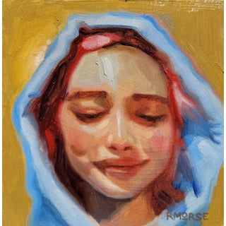 Pinky by Ryan Morse | Oil on Panel Portrait of a Woman with a Soft Smile For Sale
