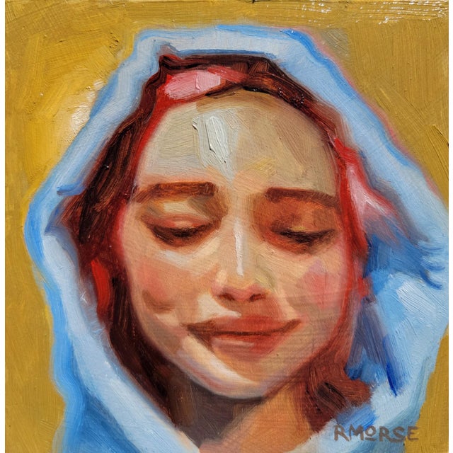 Pinky by Ryan Morse | Oil on Panel Portrait of a Woman with a Soft Smile For Sale