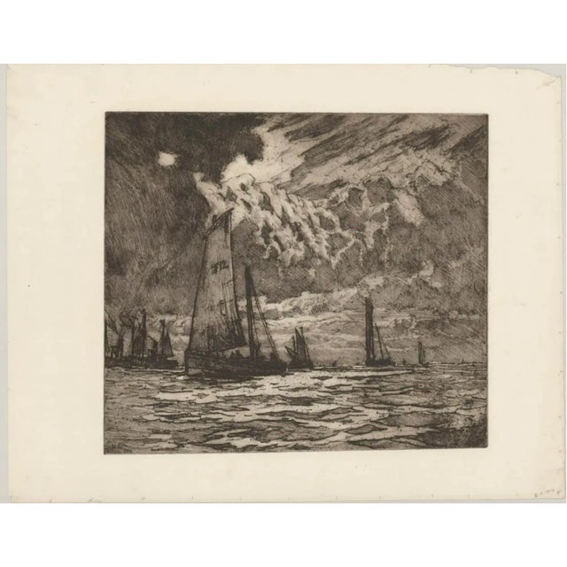 Large scale etching Nelson Ethelred Dawson (1859–1941) . Harbor scene, probably the Yorkshire, England coast. Signed and...