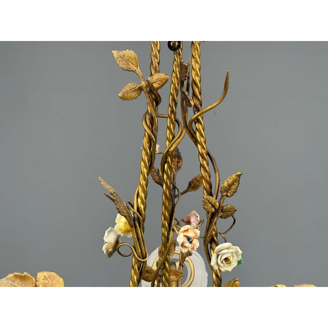 Belle Epoque Style, Basket Chandelier, Bronze, Porcelain, 1940s For Sale - Image 12 of 14