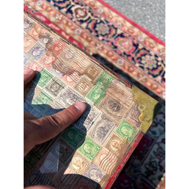 Antique Pennsylvania Folk Art Postage Stamp Decoupage Game Table, 1938 For Sale - Image 9 of 13