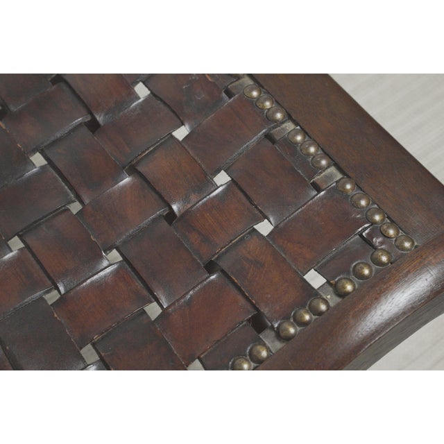 Spanish Revival Wooden and Woven Leather Ottoman, 1940s For Sale - Image 10 of 11