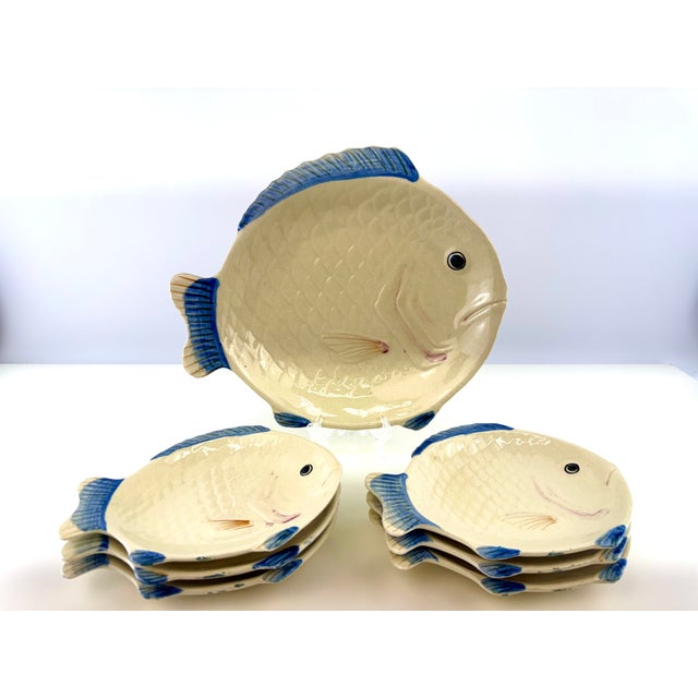 Vintage Japanese Hand-Painted Ceramic Fish Plates & Serving Platter – Set of 7 For Sale - Image 9 of 12