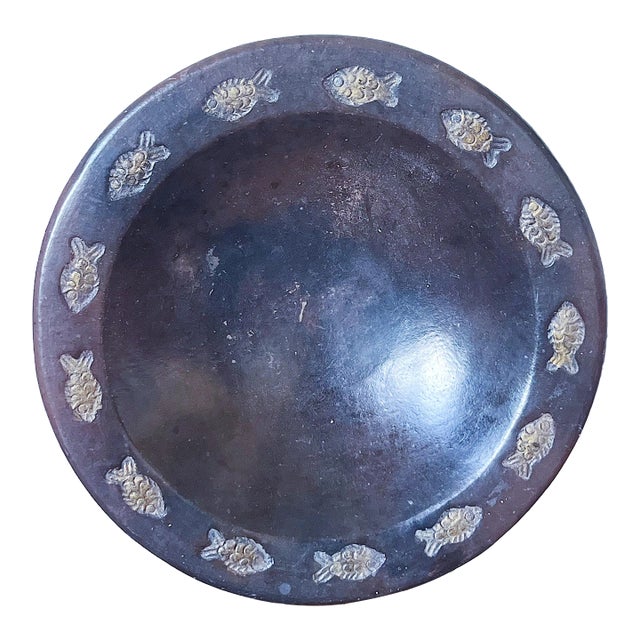 MId-Century Hand Turned African Plate With Carved Fish Design in Gold Finish For Sale