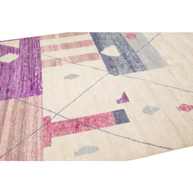 2020s 7 X 10 Modern Moroccan Tribal Handmade Wool Rug in Beige and Purple For Sale - Image 5 of 10