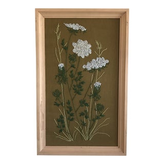 Mid-Century Queen Anne's Lace Framed Crewel Work Textile Art For Sale