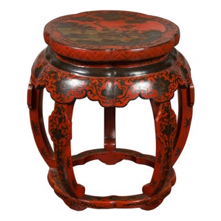 Chinese Ming Dynasty Style 1920s Red and Black Lacquered Drum Stool or Table For Sale