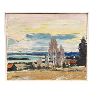Harry Sahlin, Houses by the Shore, 1975, Oil on Panel, Framed For Sale