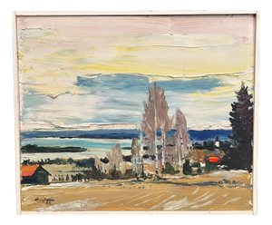 Harry Sahlin, Houses by the Shore, 1975, Oil on Panel, Framed
