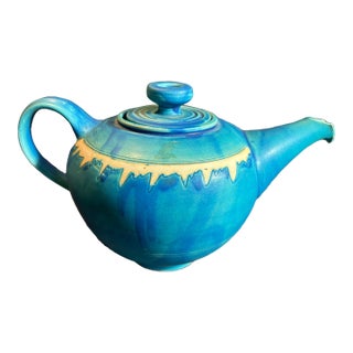 1980s Blue Drip Glazed Stoneware Studio Pottery Teapot For Sale