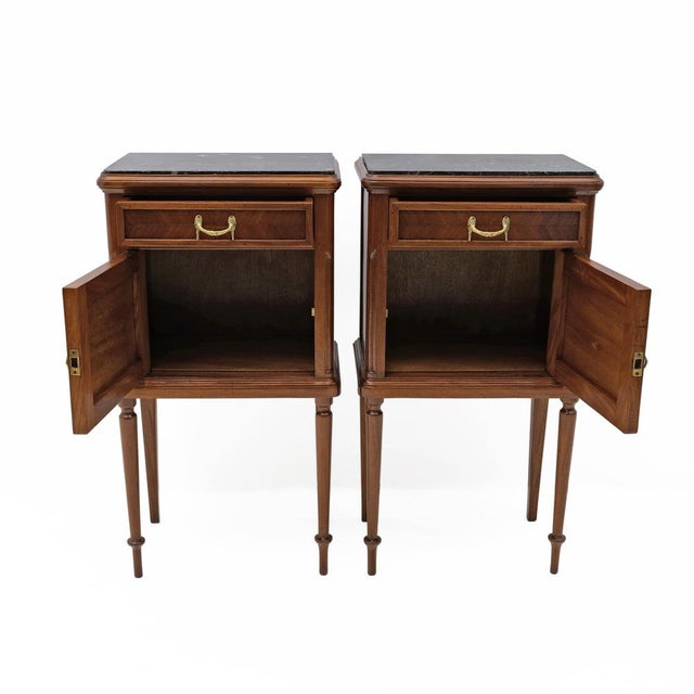Louis XVI Style Bedside Tables with Inlays and Marble Top, Italy, 1920s, Set of 2 For Sale - Image 3 of 10