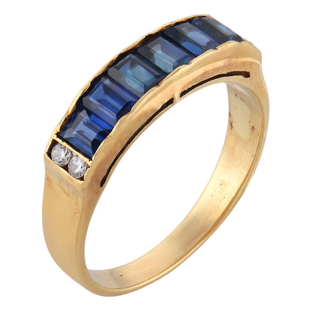 Vintage Sapphire Diamond 18k Yellow Gold Band, Size 5.5 For Sale
