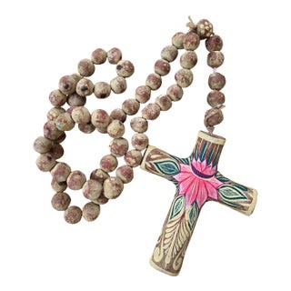Mexican Folk Art Clay Cross and Beads For Sale