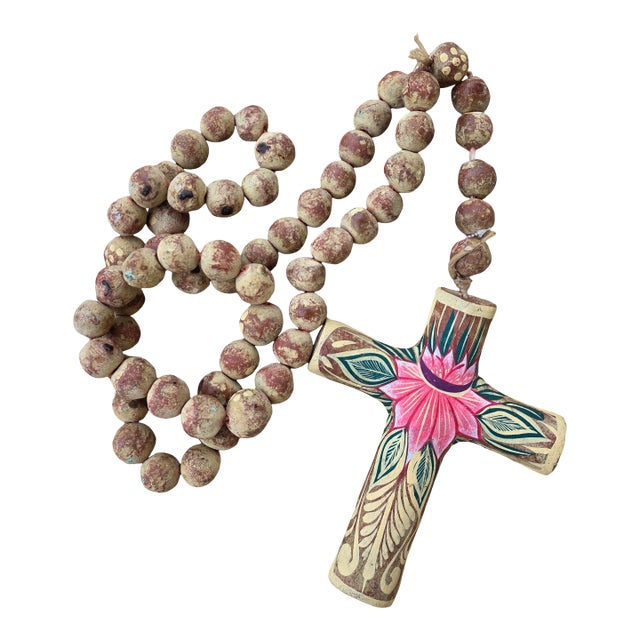 Mexican Folk Art Clay Cross and Beads For Sale