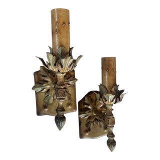 1920s Acorn and Leaf Motif, Original Painted Antique Sconces - a Pair For Sale