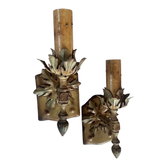 1920s Acorn and Leaf Motif, Original Painted Antique Sconces - a Pair For Sale