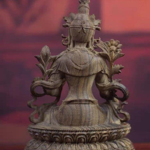 Art Deco Chinese Vintage Wood Carving Sitting Green Tara Buddha Statue For Sale - Image 3 of 7