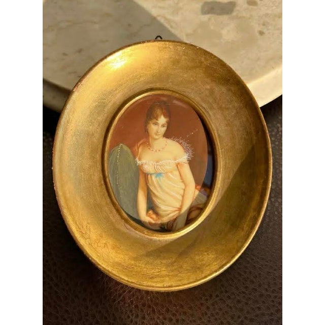 Antique/ Vintage Miniature Italian Signed Hand Painted Portrait, Lady in Nightgown With Gilded Wooden Frame For Sale - Image 14 of 15