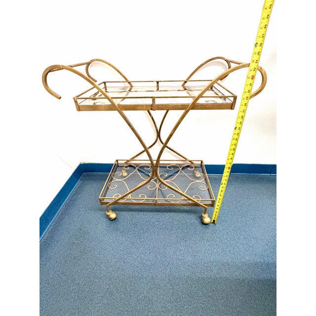 Vintage Hollywood Regency Gilt Metal & Glass Two-Tier Bar Cart or Tea Trolley For Sale - Image 9 of 12