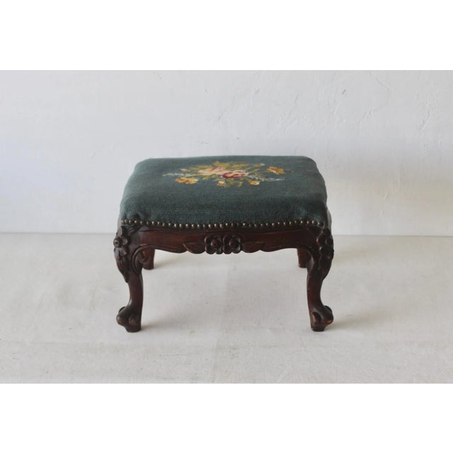 Vintage French Country Louis XV Style Carved Wood Needlepoint Footstool Ottoman Nailhead Detail. Carved wood base, floral...