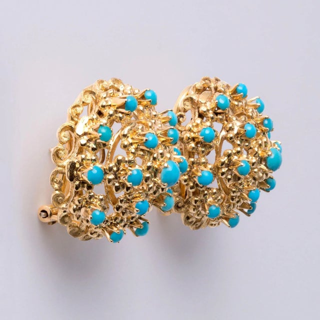 1950s Vintage Italian Turquoise Dome French Lever Back 18k Yellow Gold Earrings- 2 Pieces For Sale - Image 4 of 7
