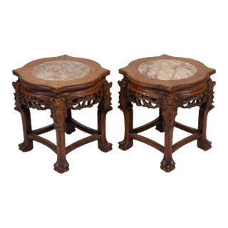 Antique Pair of Chinoiserie Chippendale-Style Teak Marble Top Side Tables For Sale