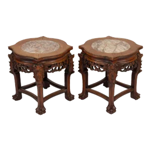 Antique Pair of Chinoiserie Chippendale-Style Teak Marble Top Side Tables