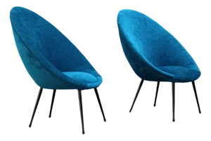 Set of Small Italian Blue Velvet Black Stiletto Metal Egg Chairs, 1950s
