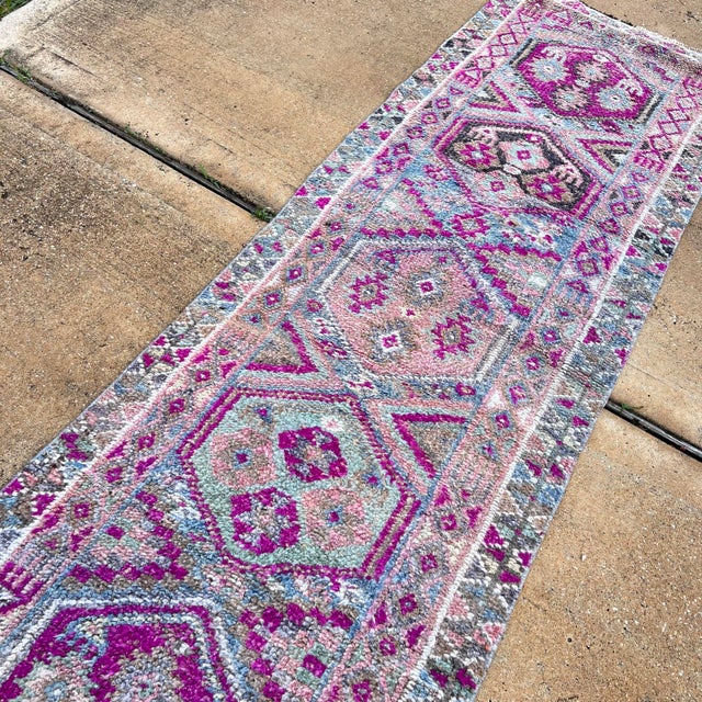 Boho Chic 1960s Purple Distressed Herki Runner 2’7x10’ For Sale - Image 3 of 10