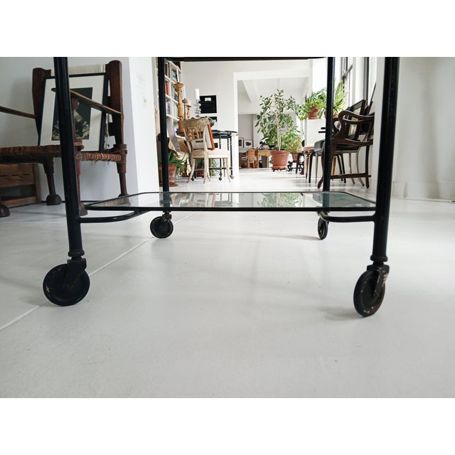 1950s Mathieu Matégot Metal Bar Cart, Glass Lower Shelf, Pleated Apron, France, 1950s For Sale - Image 5 of 17