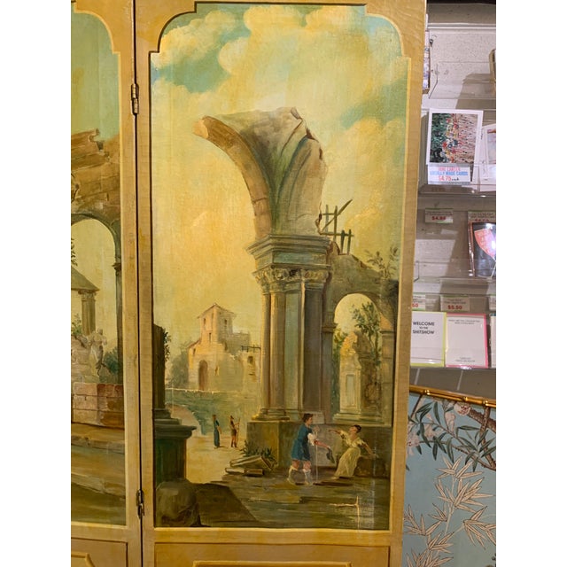 Asian Antique Antique Oil on Canvas Trifold Floor Screen For Sale - Image 3 of 7