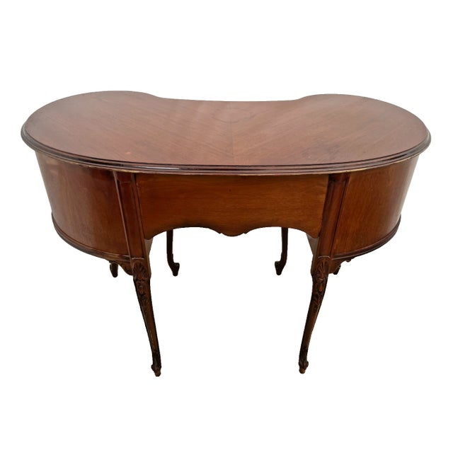Vintage French Desk Kidney Shaped Vanity Four Carved Drawers Petite Size For Sale In Palm Springs - Image 6 of 12