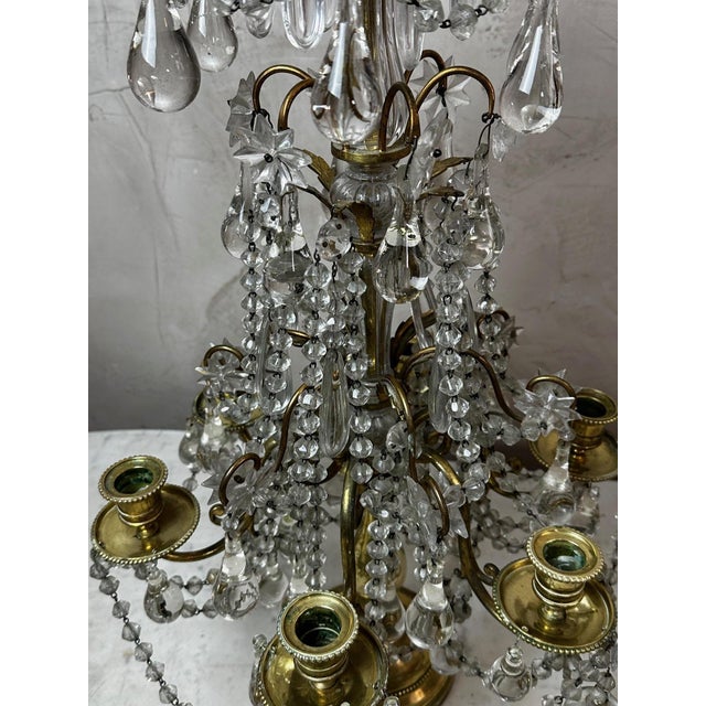 Superb pair of Louis XVI style girandoles/candelabra in gilt bronze and cut crystal. These elegant pieces feature a finely...