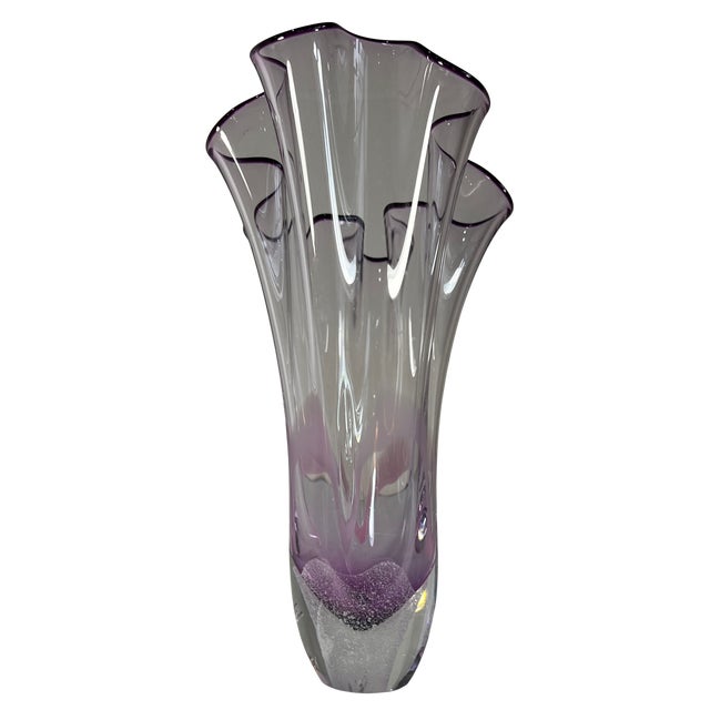 11 3/4 In. Vintage 24 % Lead Crystal Amethyst Purple Art Glass Handkerchief Ruffle Vase For Sale - Image 10 of 17